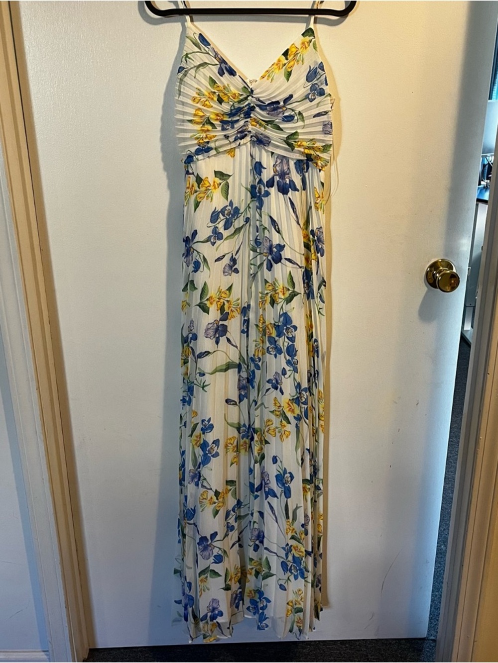 Express White Floral Pleated Maxi Dress with Blue and Yellow Flowers - S